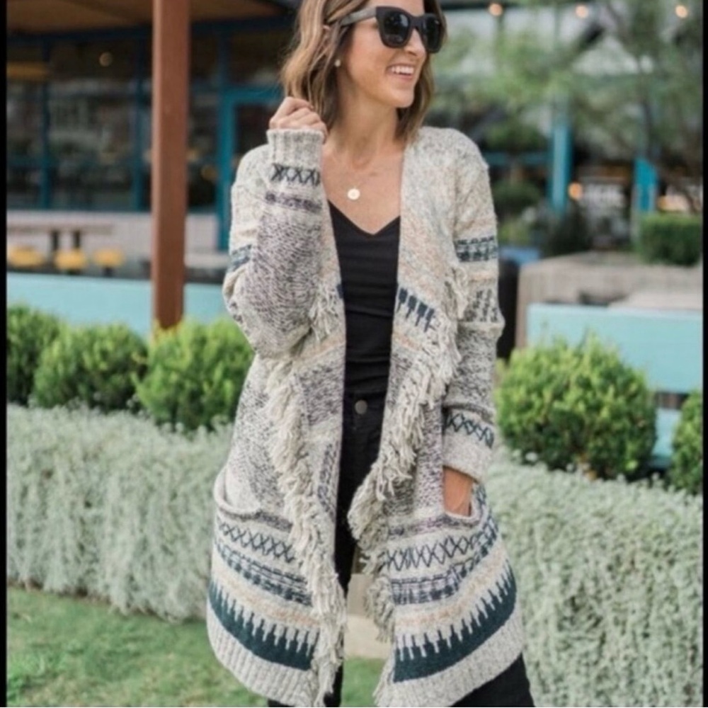 CABI 3701 Shetland Geometric Striped Fringe Open Cardigan Size Small
